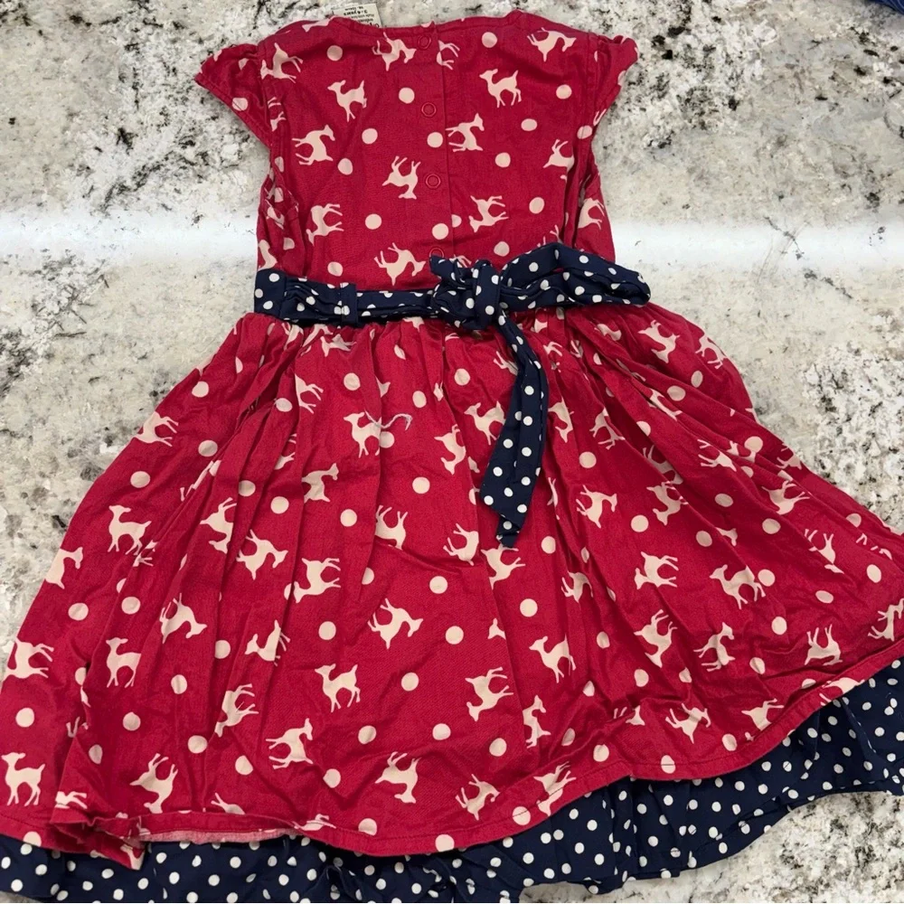 Frugi Girls Kids Dress Deer‎ Red Navy Polka Dots Size 3-4 Lined Bow Organic